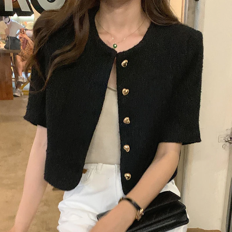 Korean Chic Summer Round Neck Metal Love Heart Single Breasted Tweed Short Sleeved Jacket 2024 Crop Top Chaquetas Mujer Coat