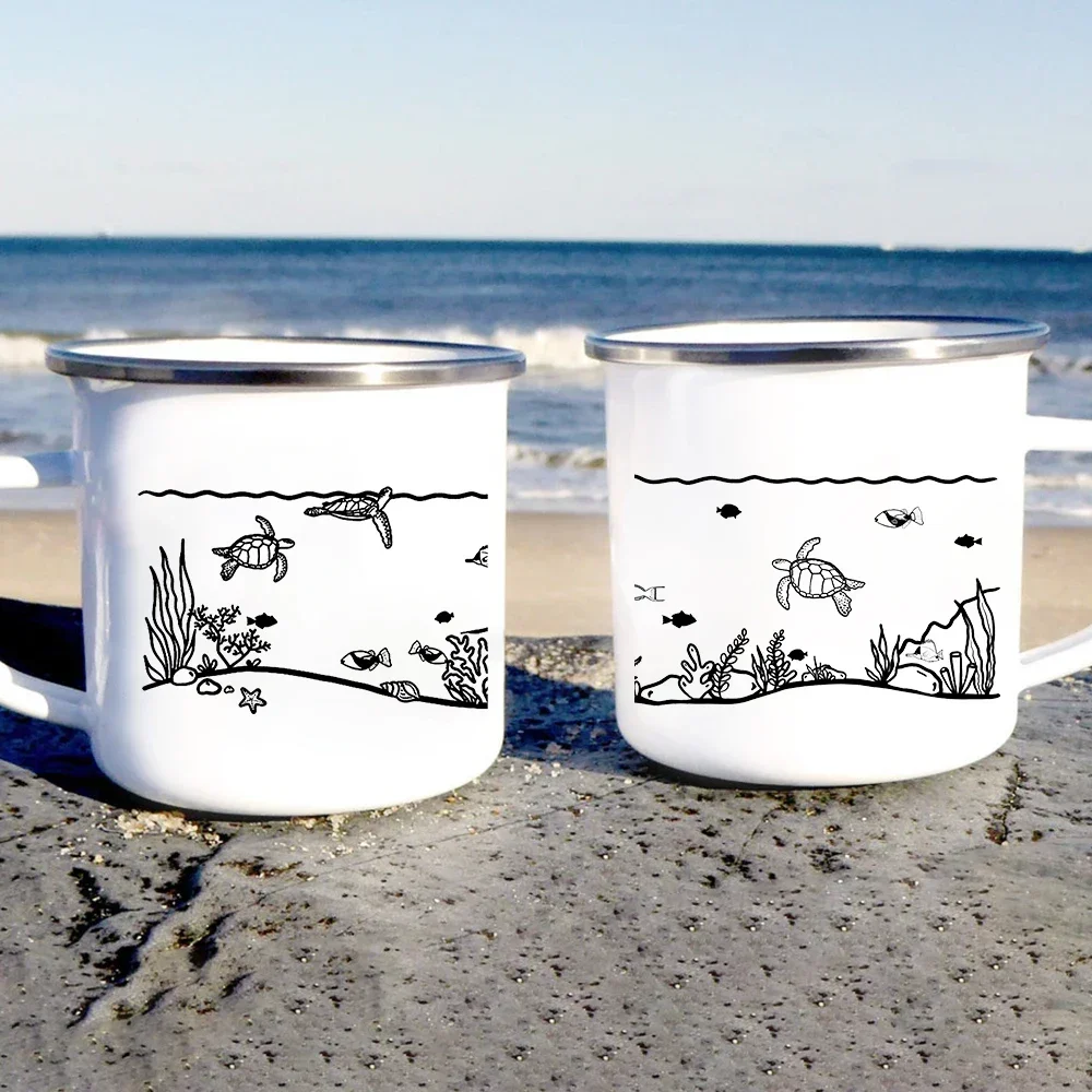 Strand Lagerfeuer Emaille Tasse personalisierte Surfer Strand Camper Tasse Unterwasser Taucher Hawaii Tassen Wasser Kaffeetassen kreatives Geschenk