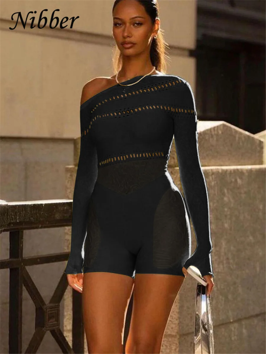 Nibber Lace Hollowing Mesh See Through Midnight Playsuits Women Sexy Inclined Shoulder Long Sleeve Patchwork Skinny Rompers Club