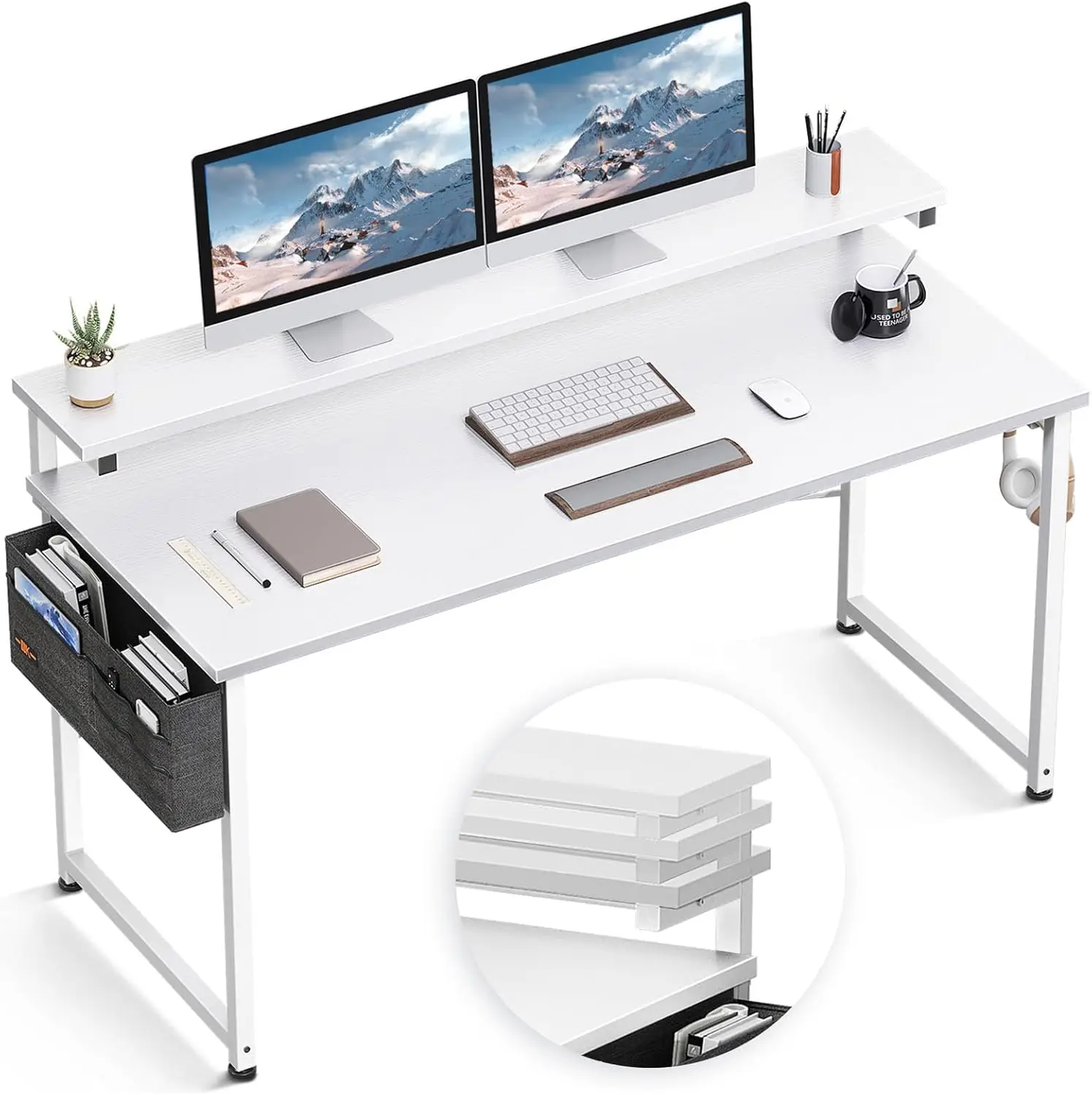 Computer Desk with Adjustable Monitor Shelves, 55 inch Home Office Desk with Monitor Stand, Study Workstation with 3 Heights