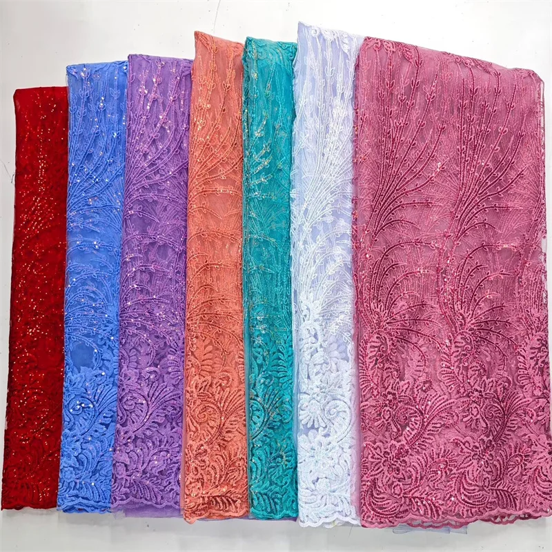 Sequins Latest African Lace Fabric 2024 Pink High Quality Embroidery For Women Brocade White Mesh Lace Fabrics Nigerian 5 Yards