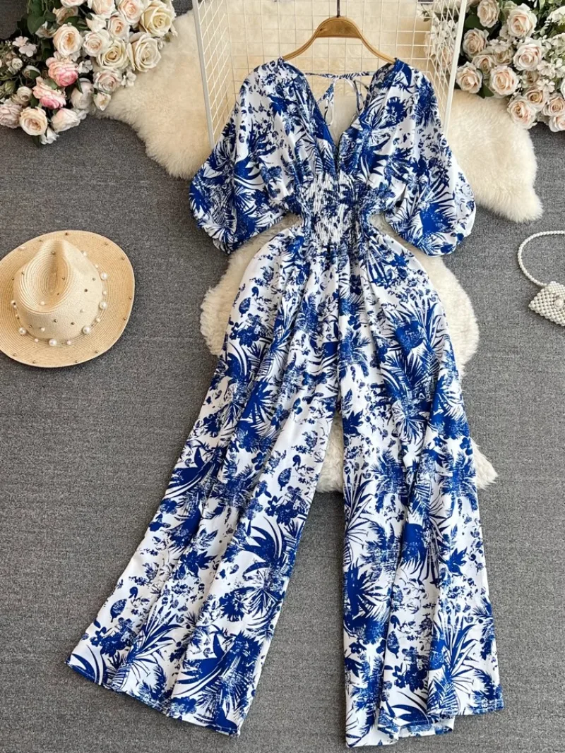 

V Neck Flower Print Wide Leg Pant Romper Pleated Slim High Grade Chiffon Jumpsuit Summer Vintage Monos Mujer Elegante Bodysuit