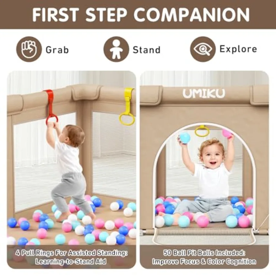روضة أطفال قابلة للطي للأطفال الرضع والأطفال الصغار، قلم لعب كبير محمول مع بابين و4 مقابض 50 كرة، 50 × 50 بوصة كاكي #5