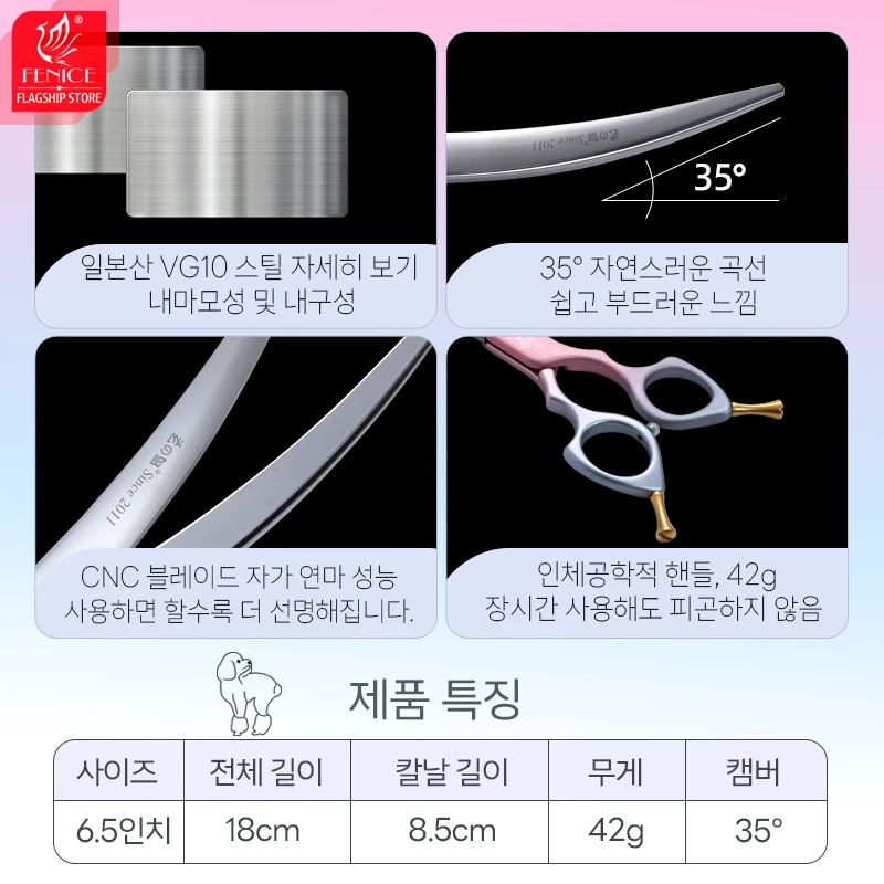Fenice Professional Colourful 6.5/7.0 Inch JP VG10 Steel Dog Grooming Shears 35° Curved Scissors with High Quality Alloy Handle