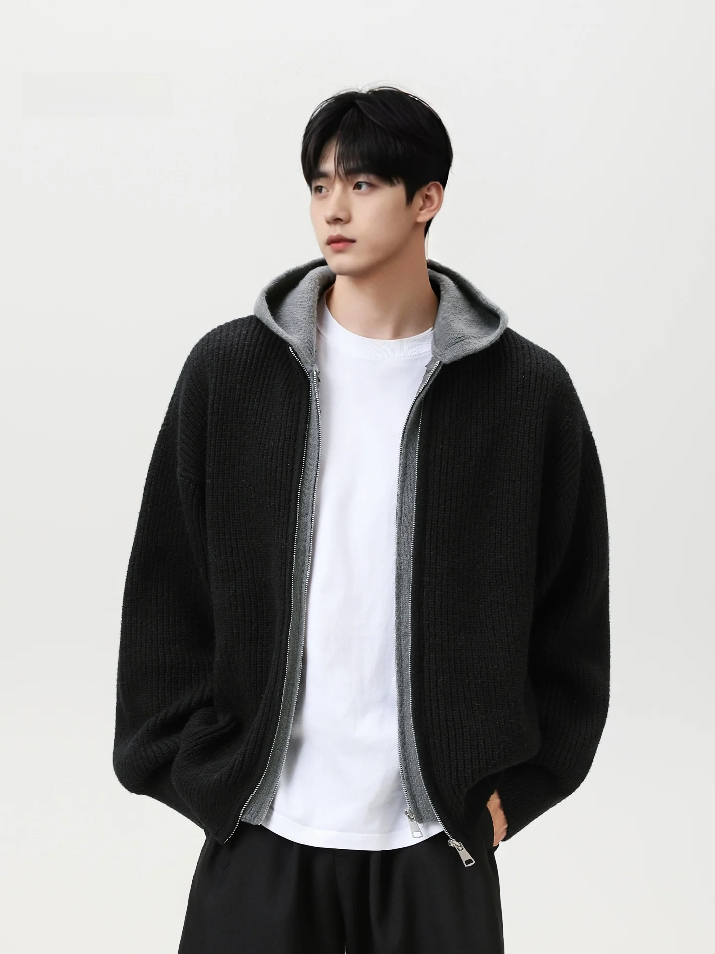 

Мужской вязаный свитер-пальто в американском ретро-стиле с эффектом двухслойности, повседневный, с капюшоном, осенне-зимний, новый, удобный трикотаж Cleanfit