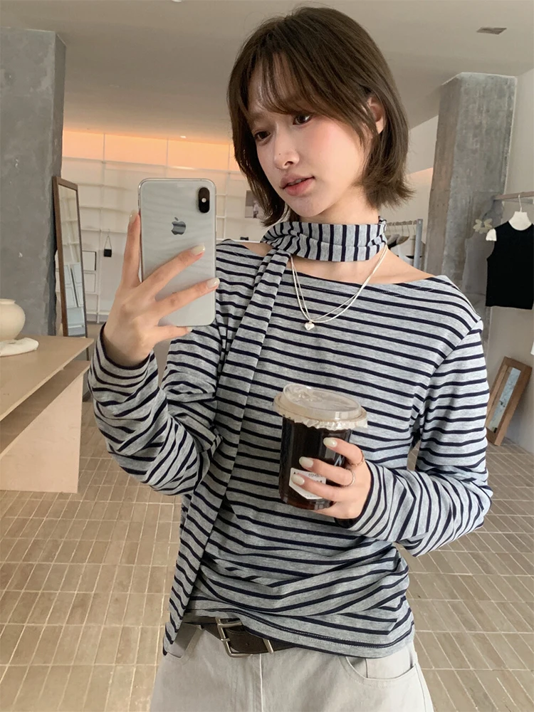

Liangliang Retro Anti-Aging Silk Stripe T-irt Women Early Autumn New Korean Sle Ne Hanging Sa Two-Way Wear Top