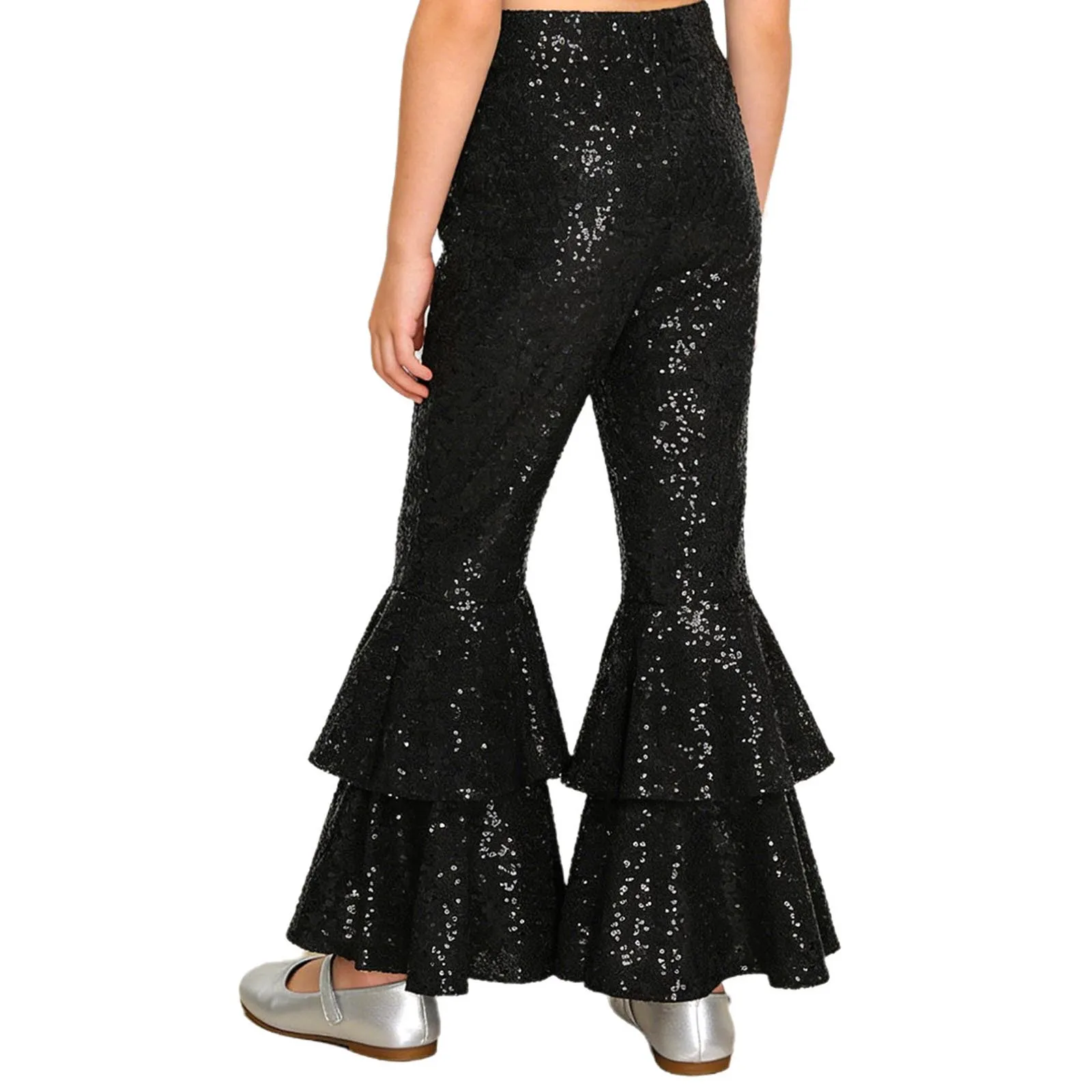 أطفال بنات 80s ديسكو الجاز الرقص السراويل بريق الترتر مرونة الخصر متوهج السراويل المتدرج جرس أسفل السراويل الطويلة للأداء