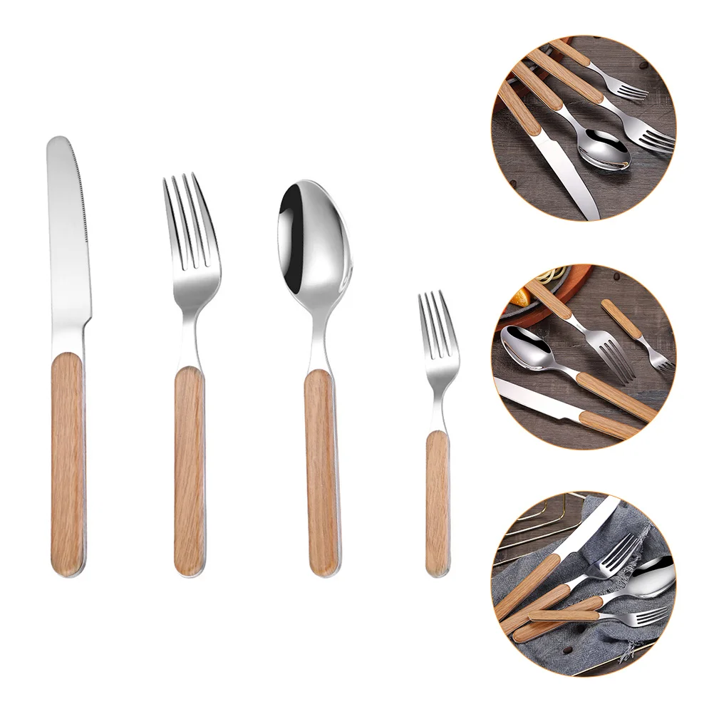 

4Pcs Chic Wooden Grain Handle Flatware Set Fork Cutter Spoon Gift Home Kitchen Use Cutlery Set Cutlery Kit