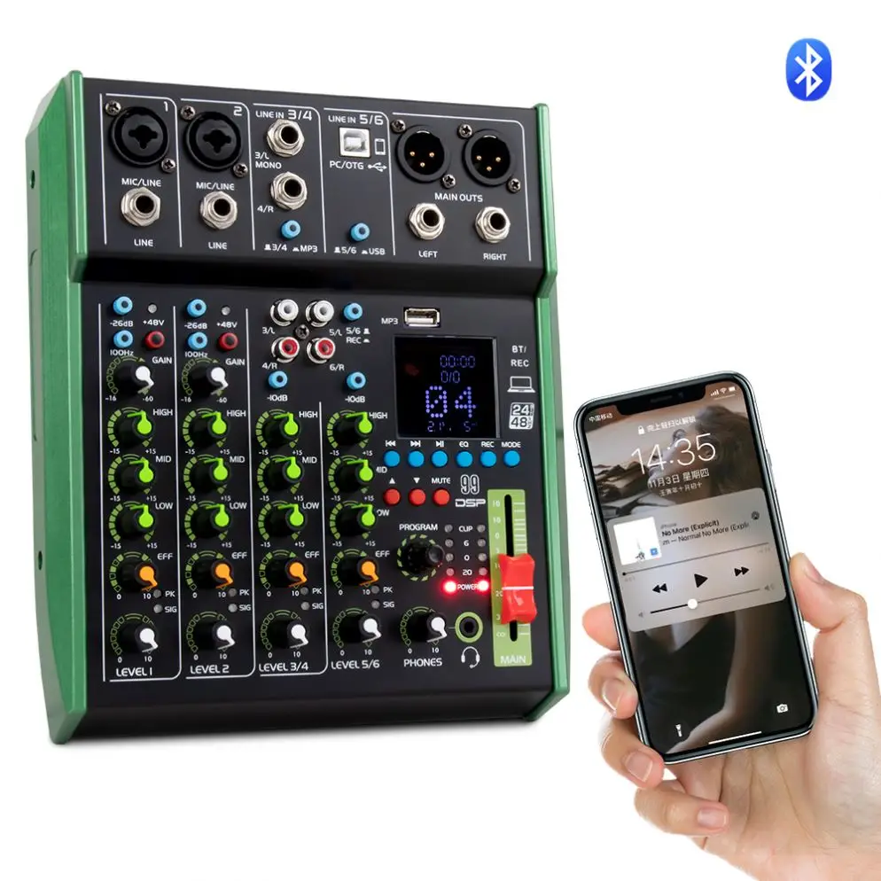 OEM 6 Channel USB Portable Audio Mixer Console Mini Studio Recording Family KTV DJ 48v USB BT Sound Mixer