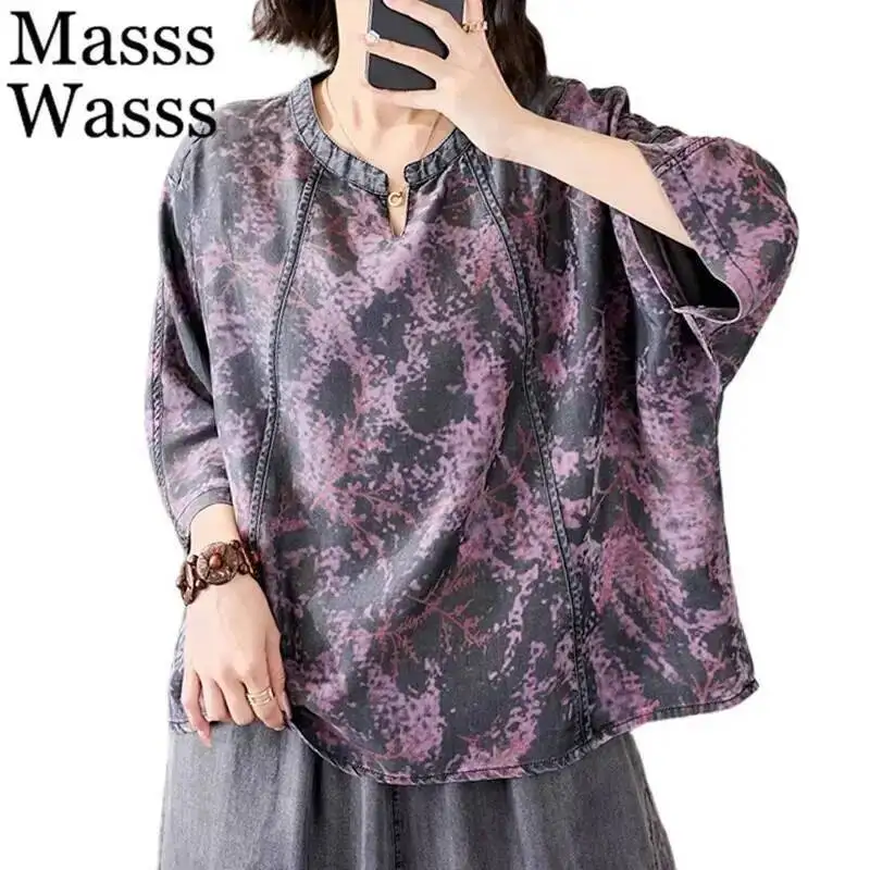 

Masss Wasss Summer Fashion Loose Denim Tops Ladies 2026 British Design Causal Printed Teeshirts Womens Classic Vintage Clothes