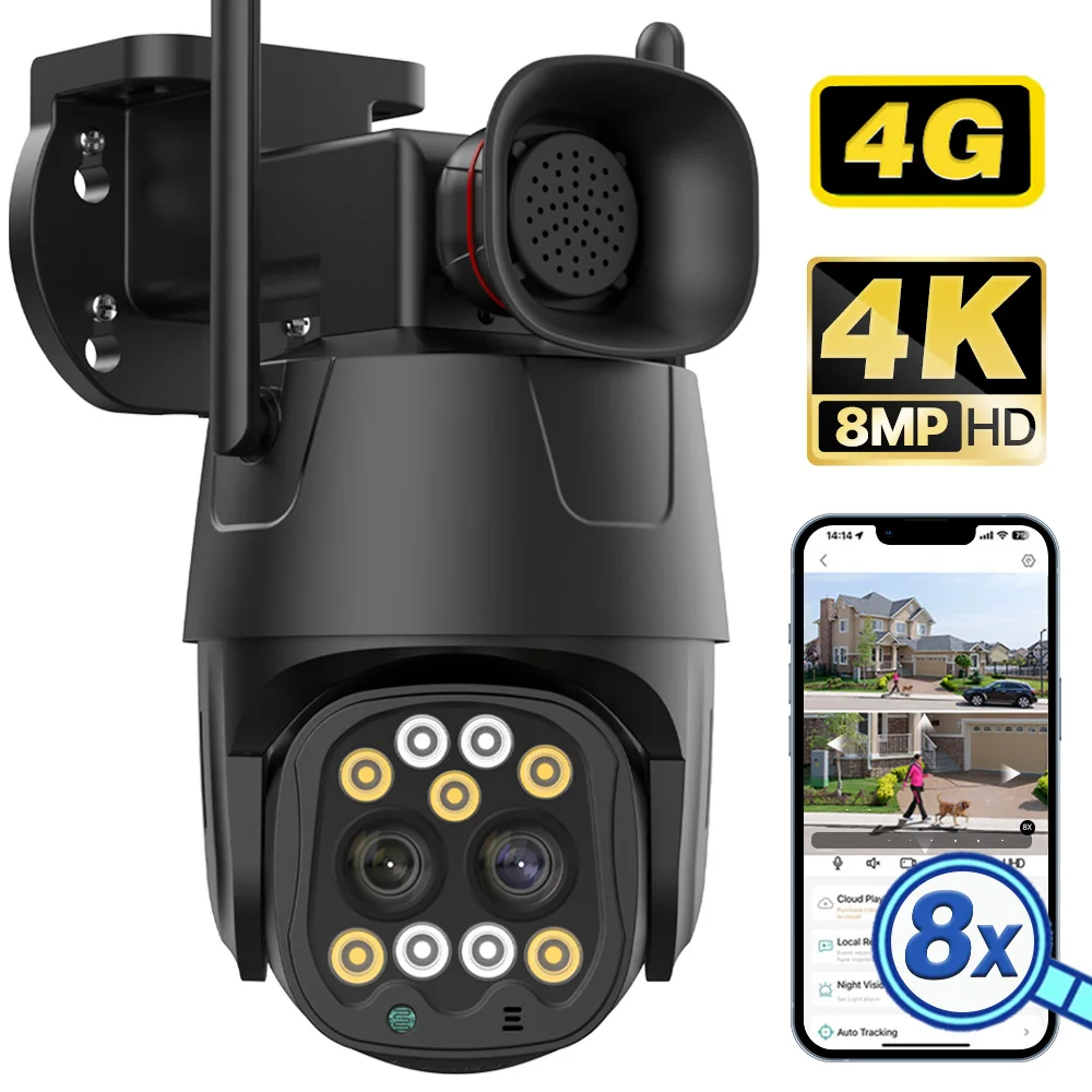 

Outdoor 8X Zoom 4G SIM Card 4K 8MP PTZ Auto Tracking Camera 2K 4MP IP HD Dual Lens Security CCTV Surveillance Camera
