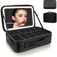 Large size travel makeup bag with mirror, zoned makeup bag with LED-lit makeup mirror, 3 light color modes, adjustable,