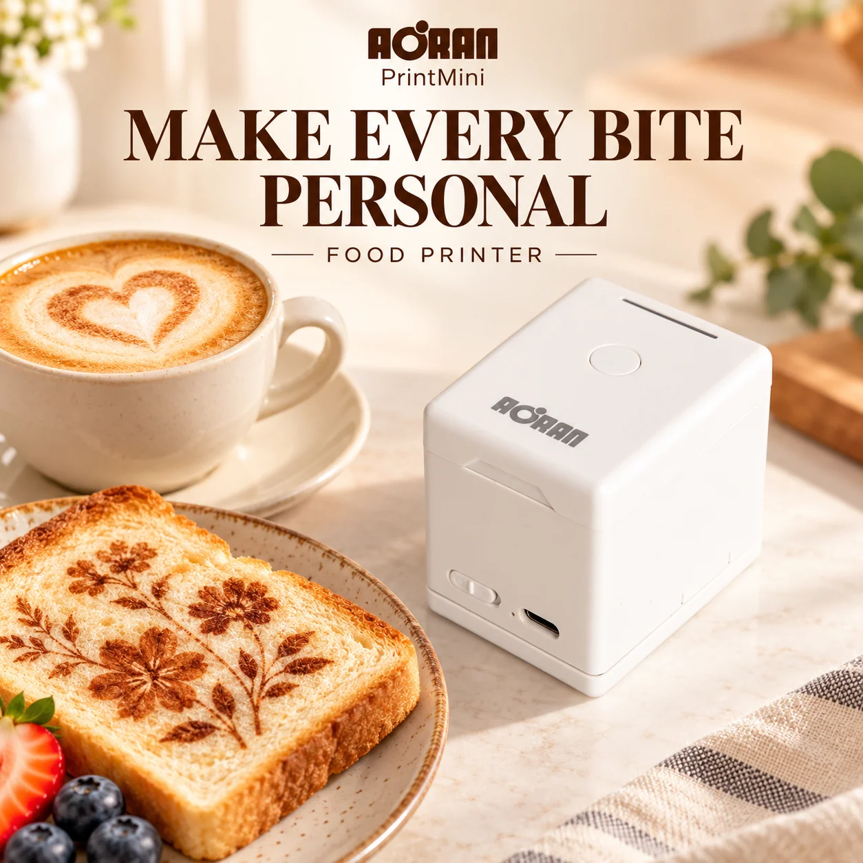 AORAN PrintMini Portable Food Printer Color Edible Ink Printer APP Printing Machine for Coffee Latte Cake Cookies Bread Macarons