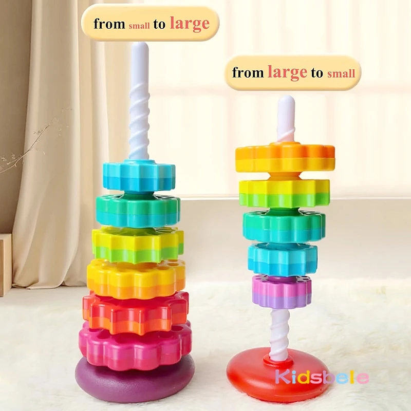 Baby Spinning Stacking Sensory Toys Colorful Rainbow Tower Montessori Fine Motor Skills Ring Toy Party Birthday Gift For Infants