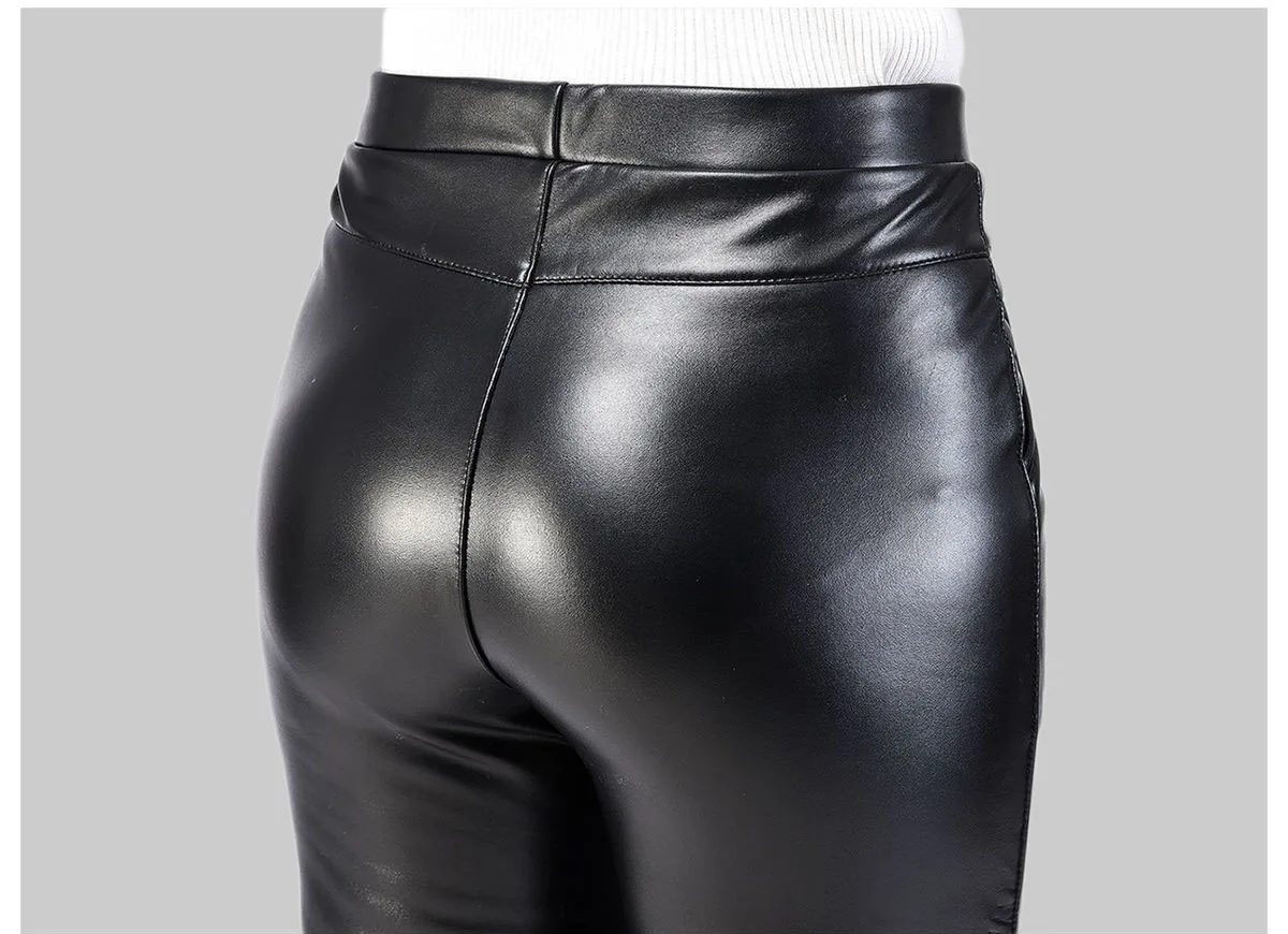 Autumn and winter 2022 new Korean style Women pants leather pants women's high waist Plush thickened elastic PU leather