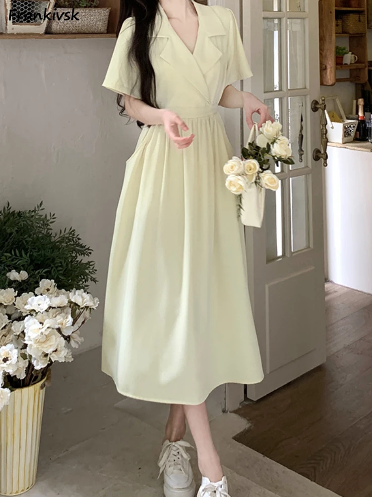 

Notched Dresses Women Solid All-match Elegant Temperament Folds Summer Fashion Gentle Simple Ins Streetwear Office Lady Sundress