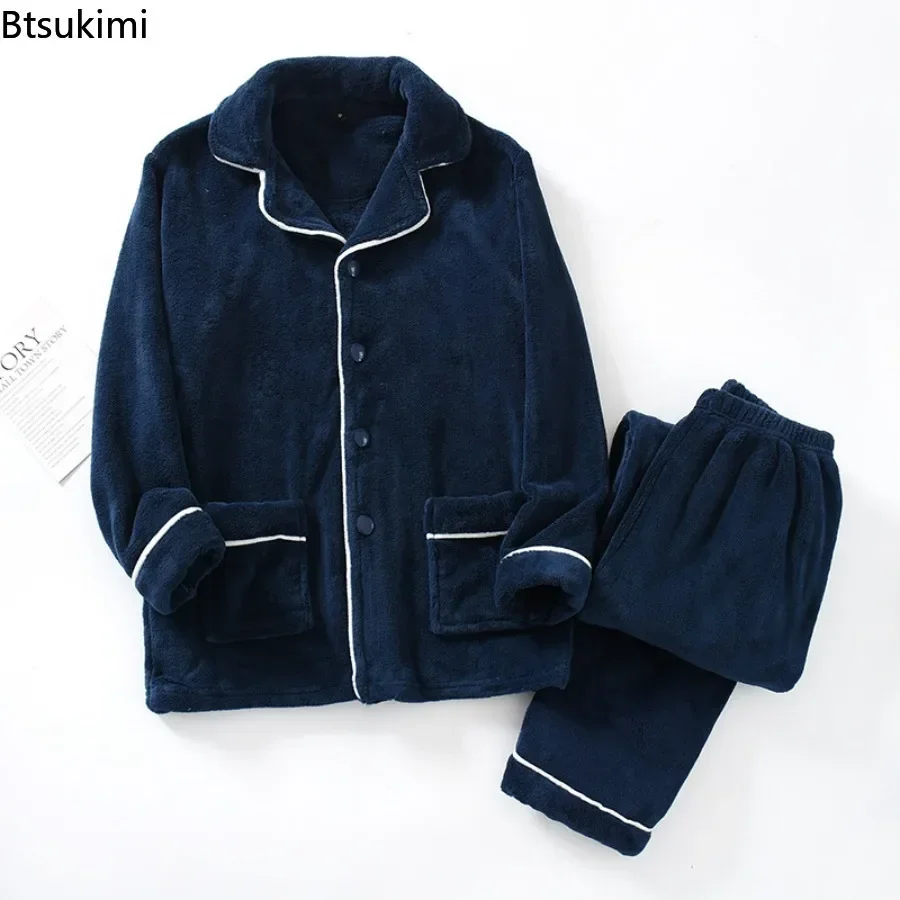 2025Men's Winter Warm Coral Velvet 2PCS Pajamas Sets Solid Long Sleeve Tops and Pants Sets for Homewear Oversized Sleepwear Sets