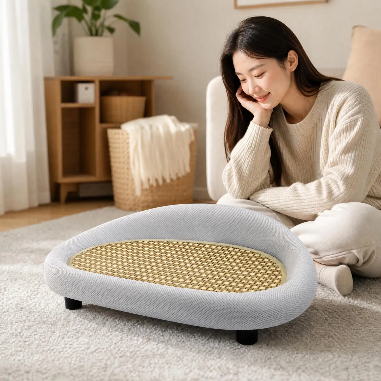Gray Fabric Cat Couch Scratcher with Woven Sisal Board for Claw Care and Napping