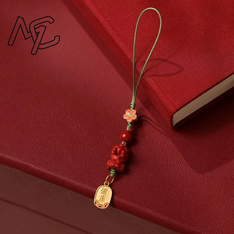 Customized Cinnabar flower Pixiu phone strap Organic Jewellery Carved Fashion Chinese Charm Gifts Amulet Bag Buckle Pendant Red