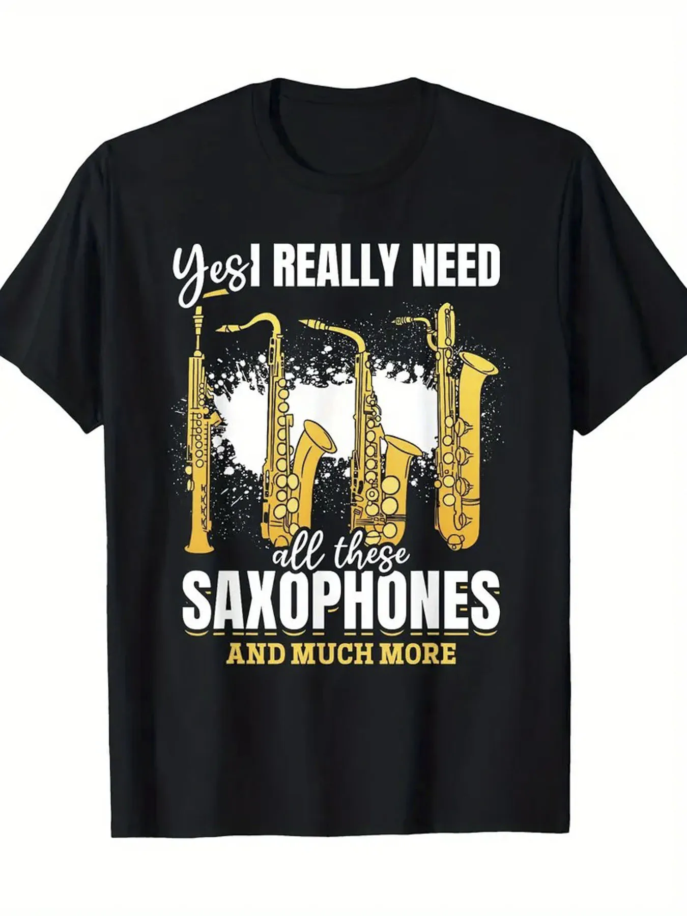 

1pc, 100% Cotton, Saxophone Instrument Pattern Printed T-Shirt, Spring And Summer Round Neck Short Sleeved Men'S T-Shirt, Pure C