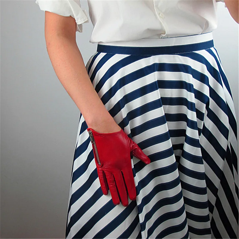 Real Leather Gloves Women Five Fingers Short Style Sheepskin Gloves Female Fashion Red Elegant Zipper Design NS23