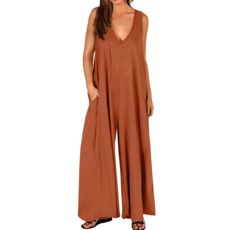 Women's New Summer Casual Jumpsuit Solid Color Elegant Jumpsuit Sleeveless V-neck Wide Leg Pants Jumpsuit Female Fashion Outfits