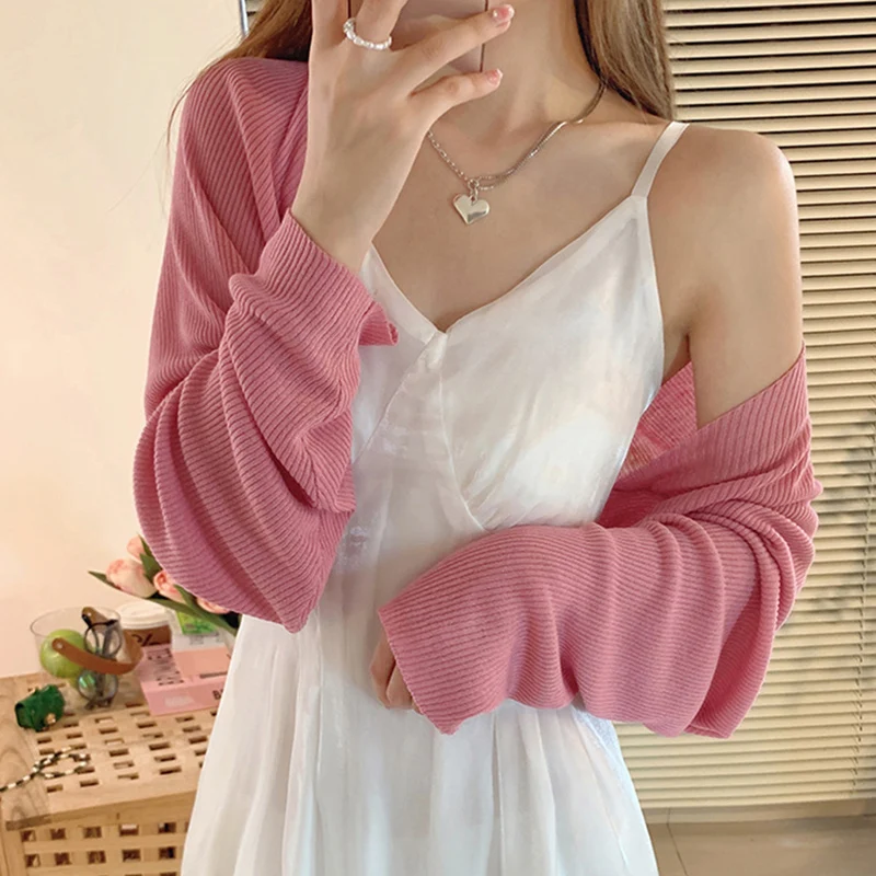 Autumn Women Cardigan Solid Color Thin Ice Silk Knit Sunscreen Casual Versatile Shawl Cover-up Cropped Short Small Shoulder Top