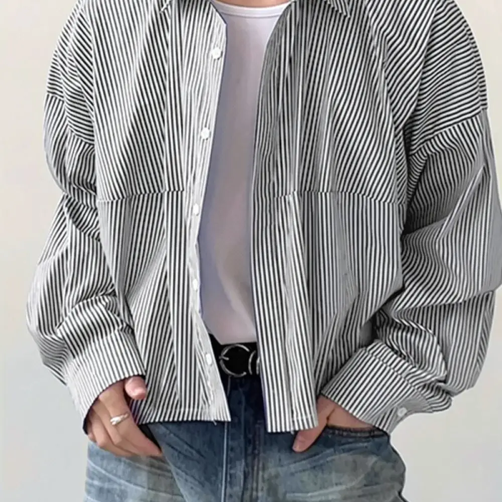 Mens Vertical Stripe Shirt Long Sleeve Turn Down Collar Loose Casual Breathable Basic Button Up Street Fashion Top