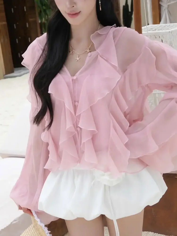 

Элегантная женская блузка из однотонного шифона с рюшами, длинными рукавами, прозрачная, с V-образным вырезом, свободного кроя, для отпуска