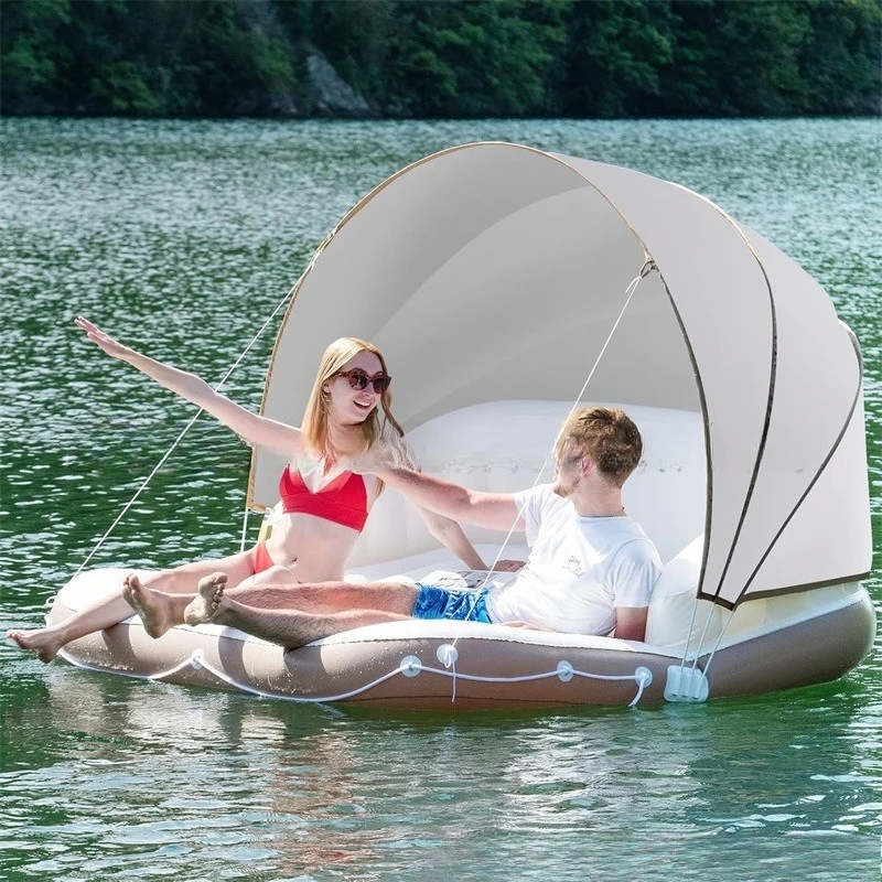 Inflatable with awning backrest floating bed thickened water double recliner inflatable oversized floating mat