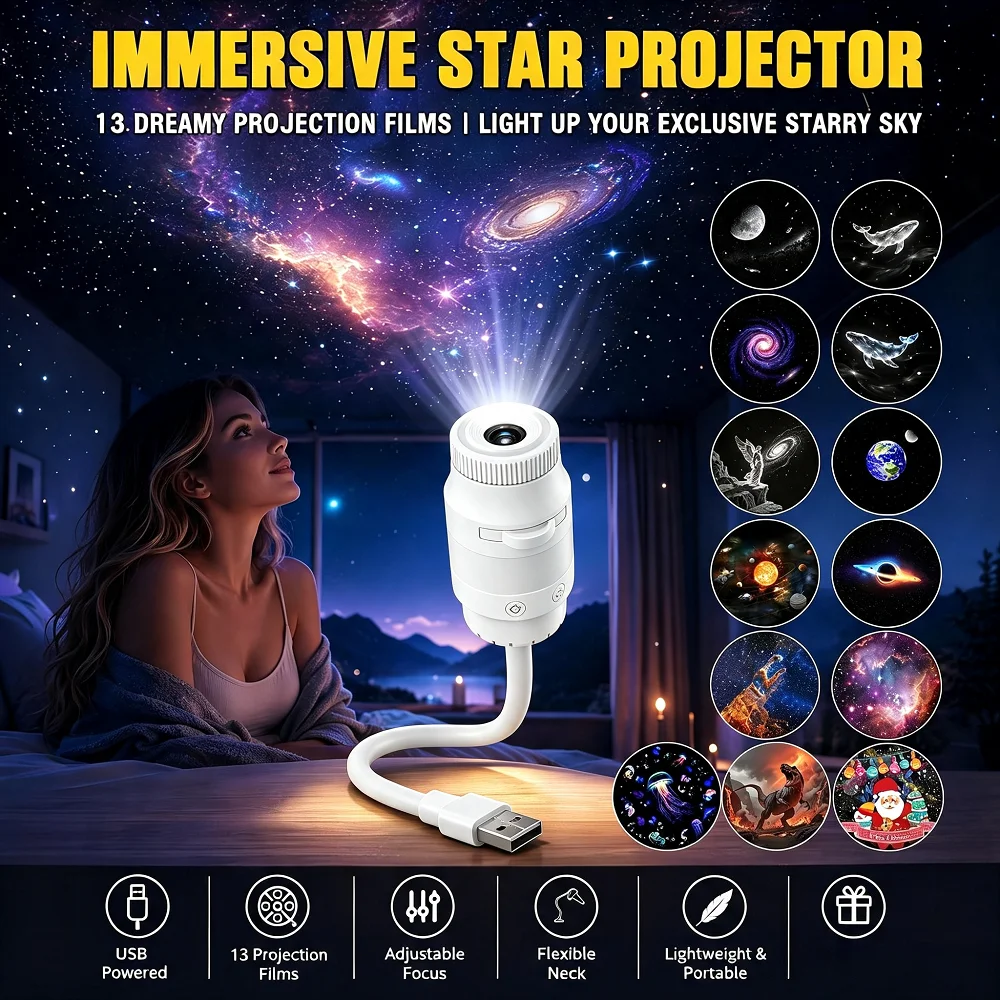 13-in-1 USB Galaxy Projection Lamp, Flexible Gooseneck, RGB Mood Light, Interchangeable Discs, for Bedroom, Car, Camping Gift