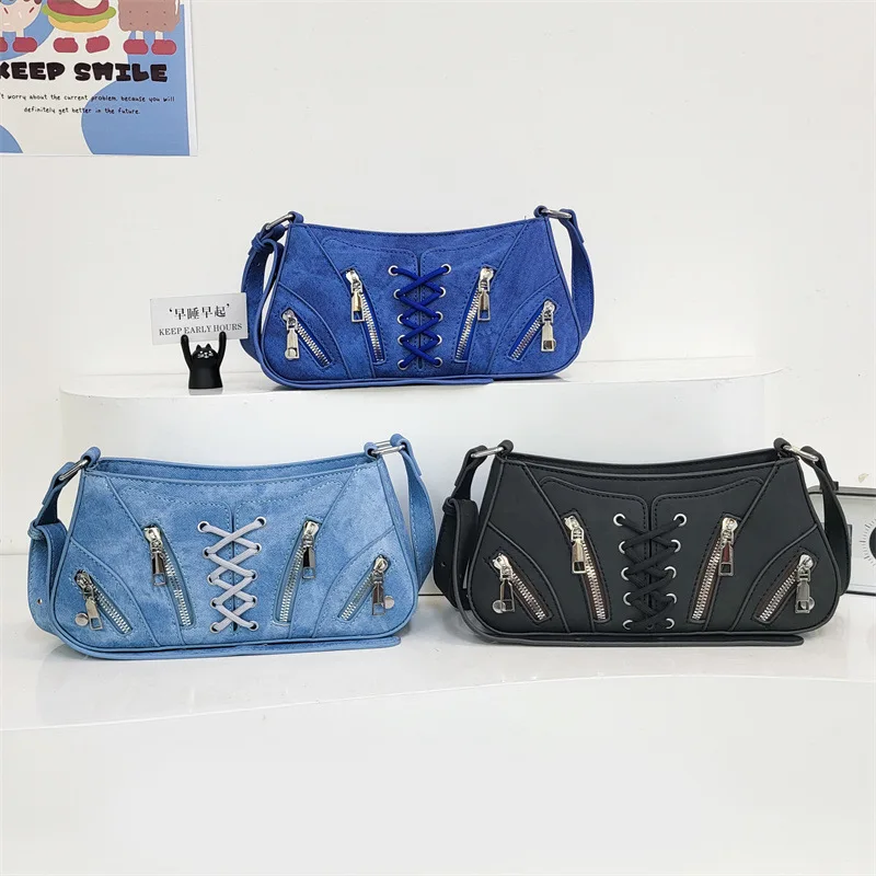 

2025 Designer Denim Baguette Bag - Women's Underarm Shoulder Bag, Trendy Crossbody Purse with Vintage Wash