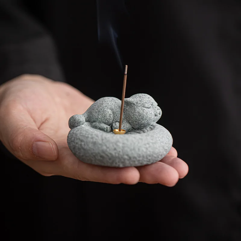 Natural Green Sandstone Incense Holder Tea Pet Statue Ornament Tea Ceremony Accessories Handcrafted Home Decor