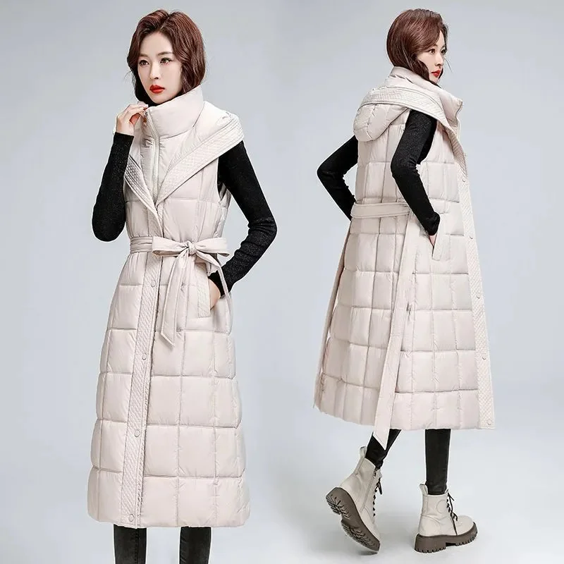 Down Cotton Vest Women Autumn Winter Coat 2024 New Hooded Long Sleeveless Jacket Waistcoat Female Tops Outerwear Chaleco Mujer