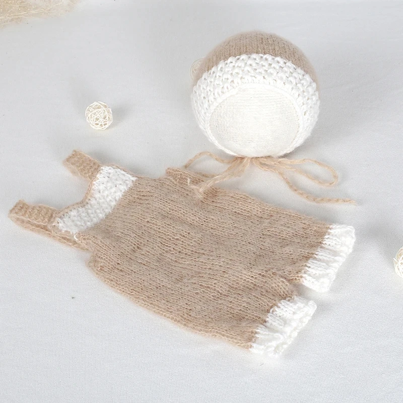 

Santa Clothes Beige Newborn Romper Bonnet set Crochet Mohair baby girl Jumpsuit Outfit Photography props
