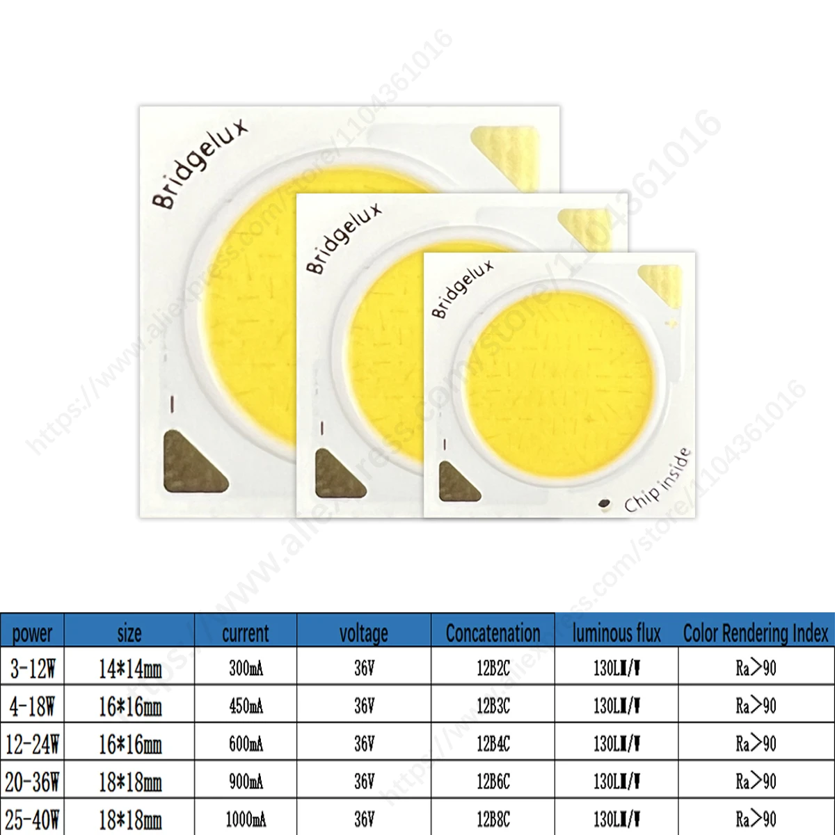 3-12W 4-18W 12-24W 20-36W 25-40W High Power COB LED Bridgelux Chip for Spotlight Floodlight DC36V Integrated Light Beads White