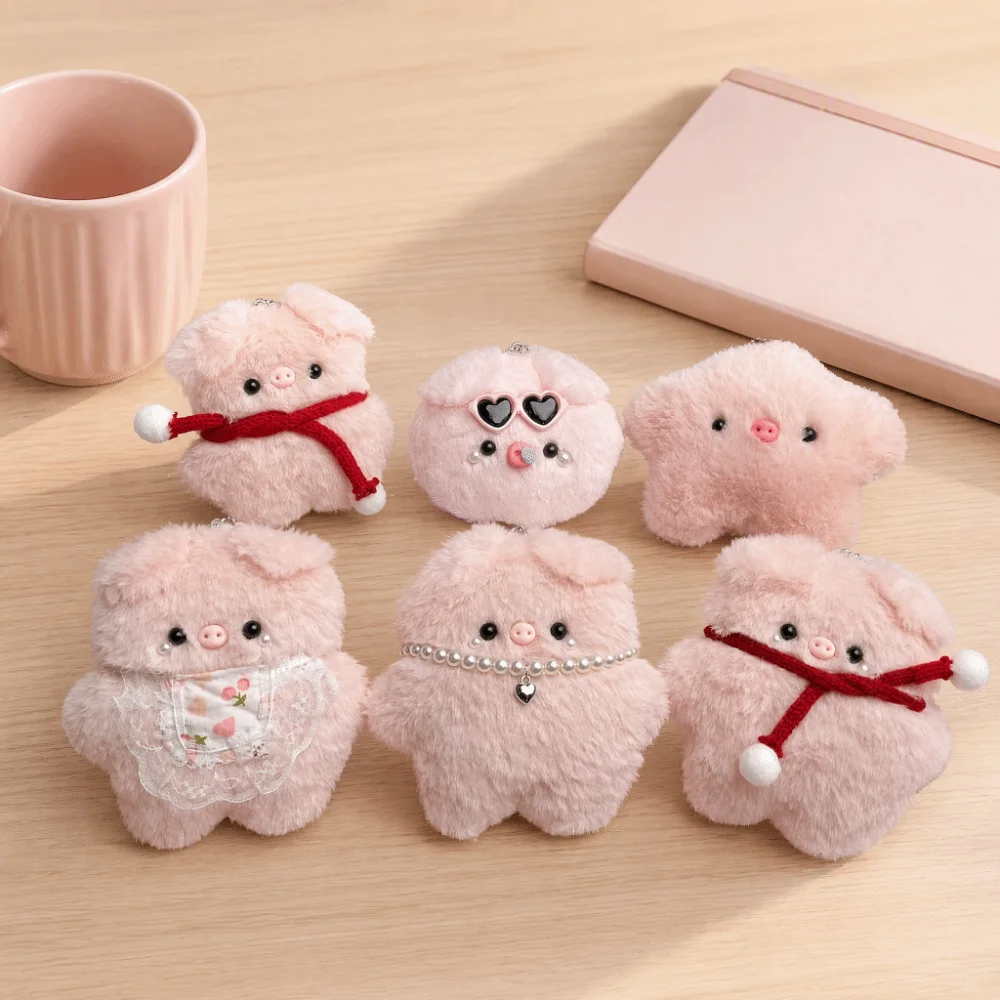 Cartoon Design Pig Keychain Soft Material Creative Shape Stuffed Pendant Scarf Bib Detail Fluffy Texture Cartoon Pig Doll