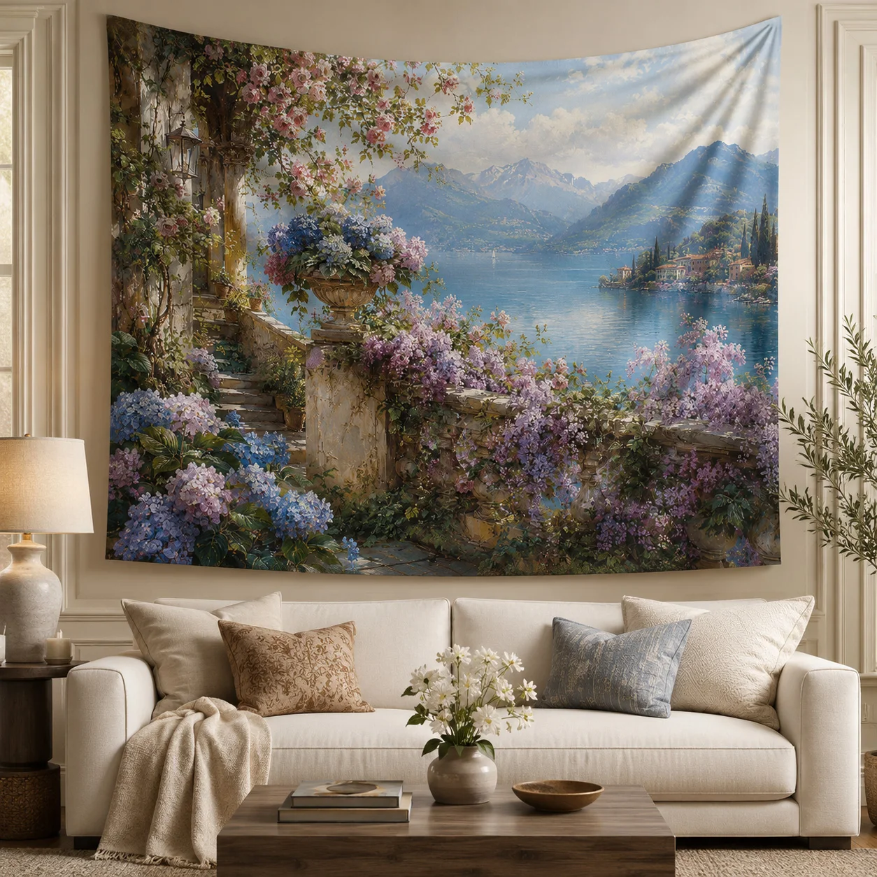 Vintage Lake Garden Wall Tapestry Hydrangea Floral Landscape Oil Painting Hanging for Bedroom Living Room Decor Gift