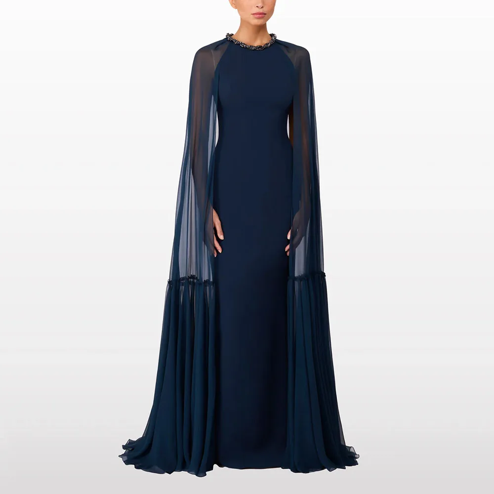 

Модное темно-синее вечернее платье с высоким воротом и длинными рукавами, джерси с драпировкой длиной до пола, вечерние элегантные женские длинные платья по индивидуальному заказу