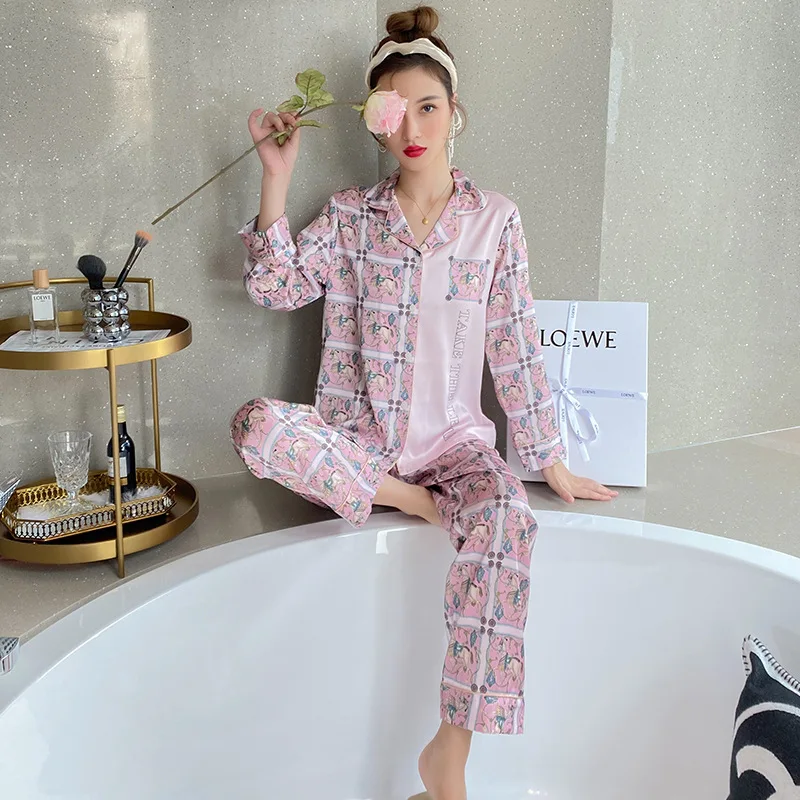 

Print Pajamas Suit Homewear Lady Pyjamas Nightgown 2PCS Shirt&Pants Sleep Set Loose Intimate Lingerie Pink Nightwear Bathrobe