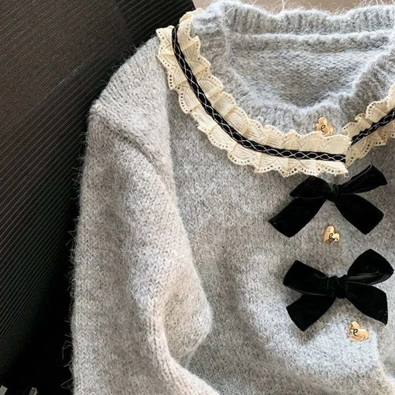 Women Knit Cardigan Sweet Preppy Bow Button Patchwork Spring Autumn O Neck Sweater French Small Fragrance Long Sleeve Chic Tops