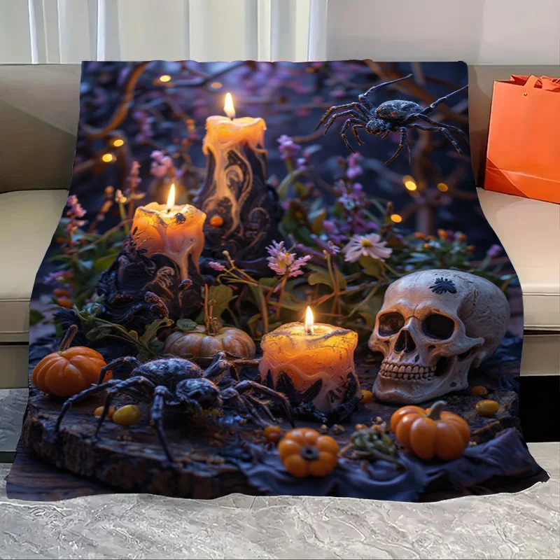 

Flannel Blanket-Soft Lightweight All-season Halloween Themed Cozy Baby Blanket with Spooky Candles Skull and Spider Design