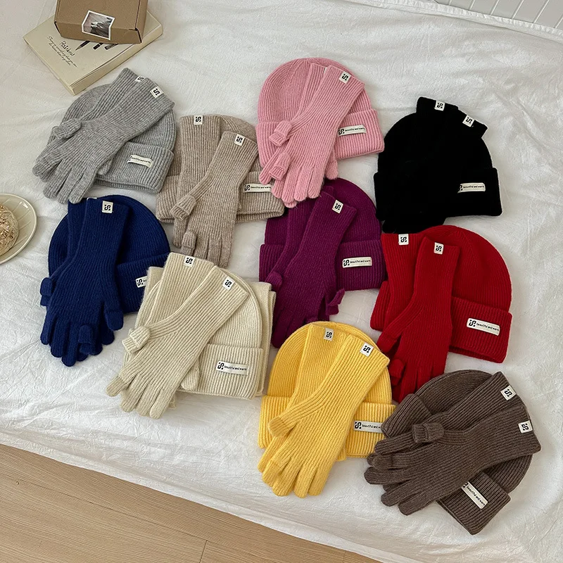 3pcs set topi kupluk musim dingin syal panjang sarung tangan wanita dan pria set topi musim dingin rajutan unisex warna solid hangat