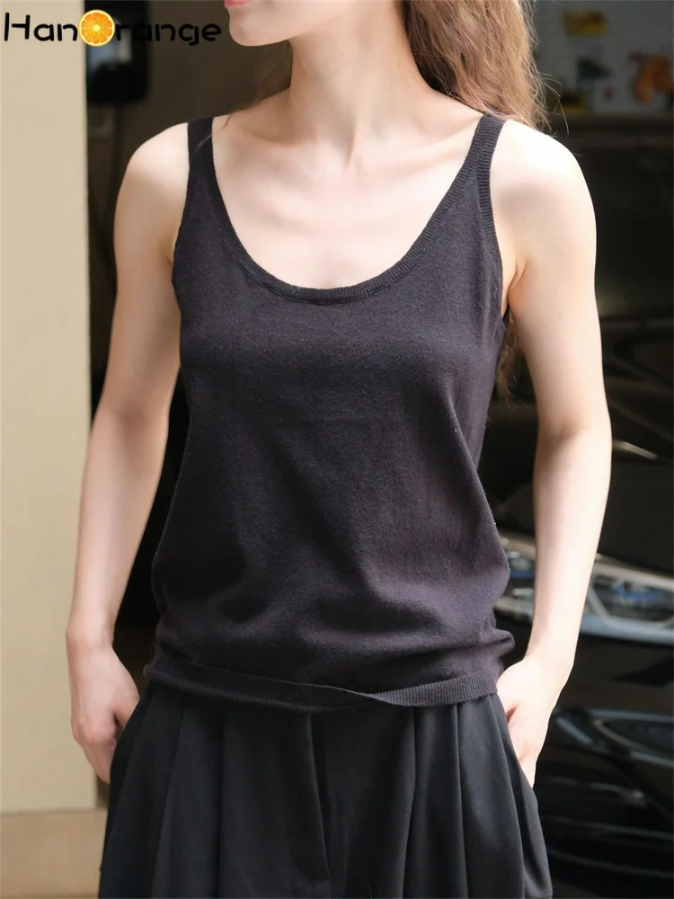 HanOrange 2024 Autumn Simple Skin Friendly Big U Neck Knitted Strap Tank Women Loose Sleeveless Top Black/Gray/Apricot