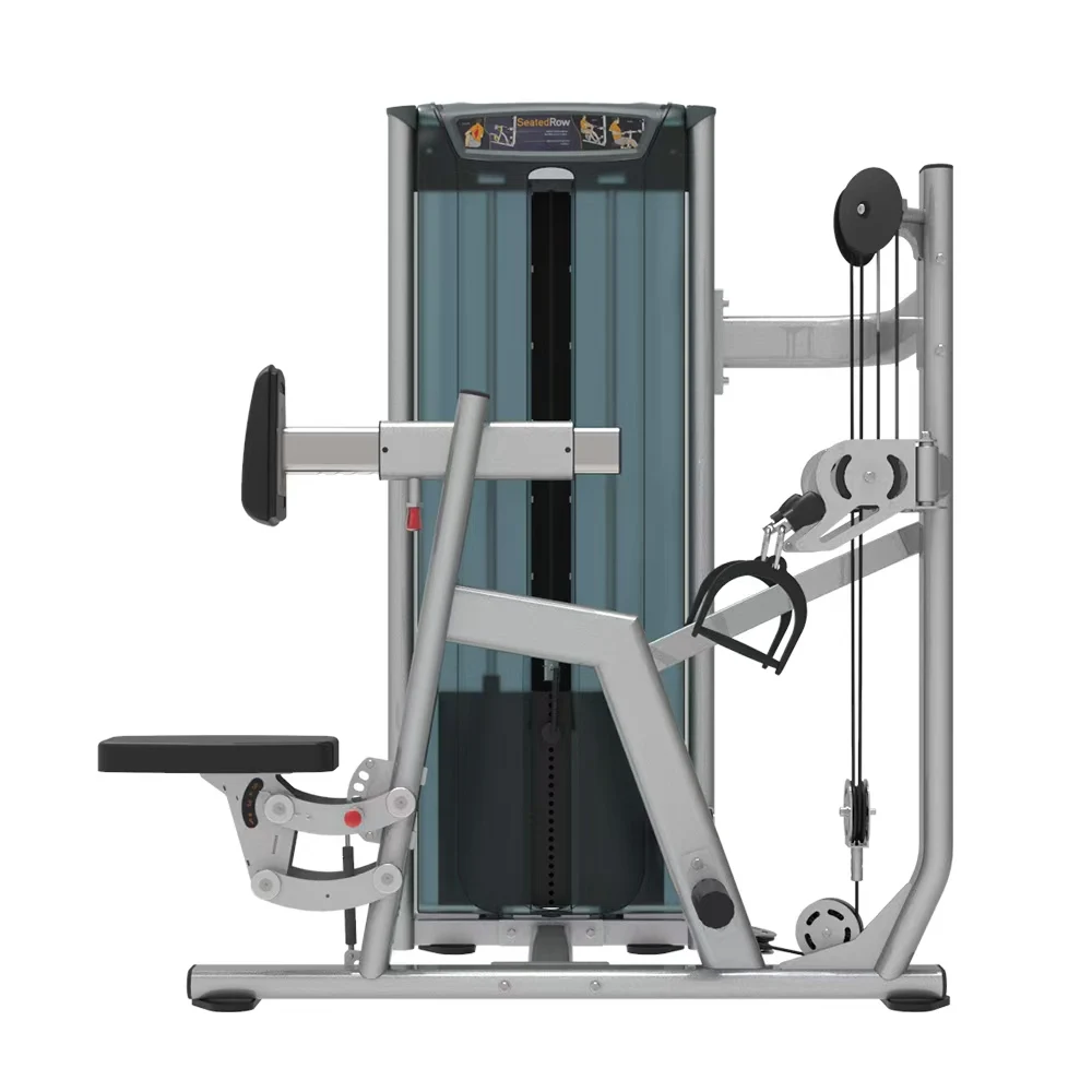 Máquina de remo profesional comercial con función de selección de carga por pin, utilizada para ejercicios de espalda en gimnasios.