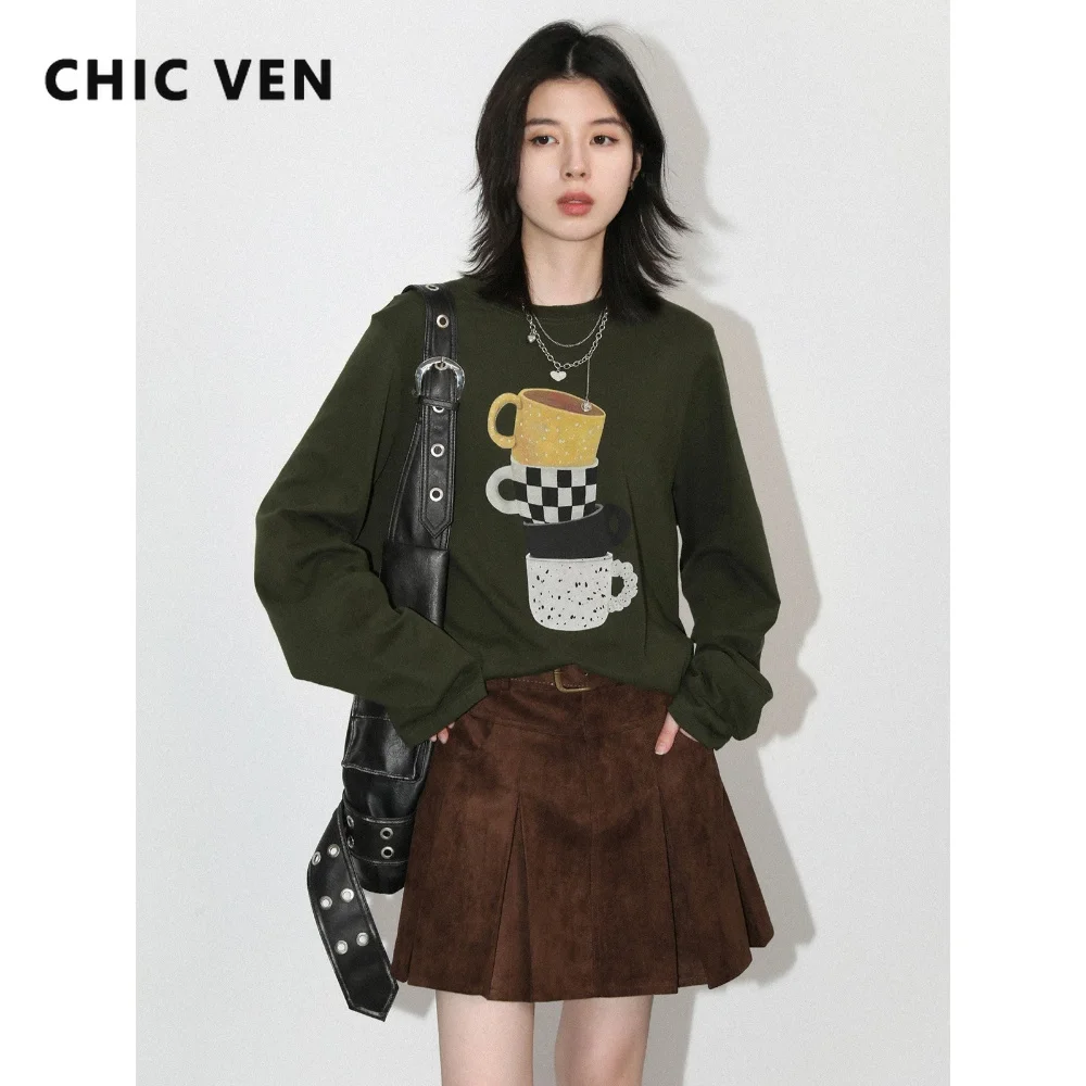 CHIC VEN Women T-Shirts Loose Casual New Retro Mug Print Cotton Long Sleeved Tees Female Top Spring Autumn 2026 Korean Clothing