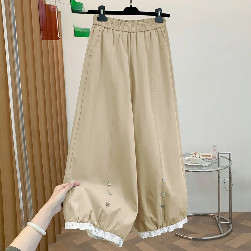 

Spring Summer Loose Button Decorated Lace Trim Splicing Flower Bud Pants Women Lantern Pants Nine Point Wide Leg Cotton Pants