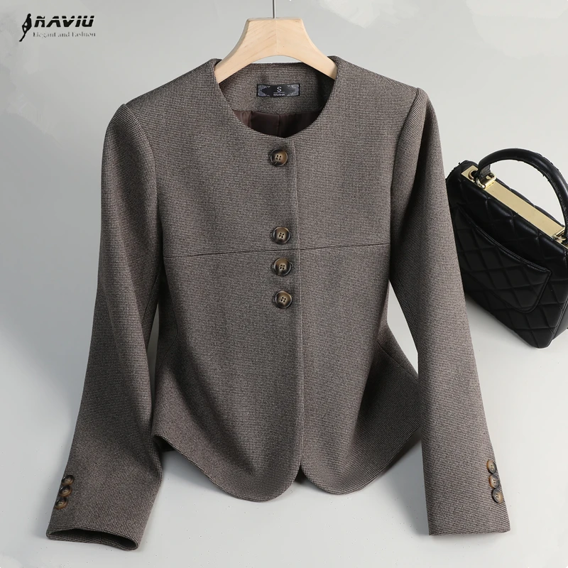 

NAVIU Plaid Blazer Women New Spring Autumn Temperament Fashion O Neck Long Sleeve Jacket Office Ladies Work Tops Coffee Gray