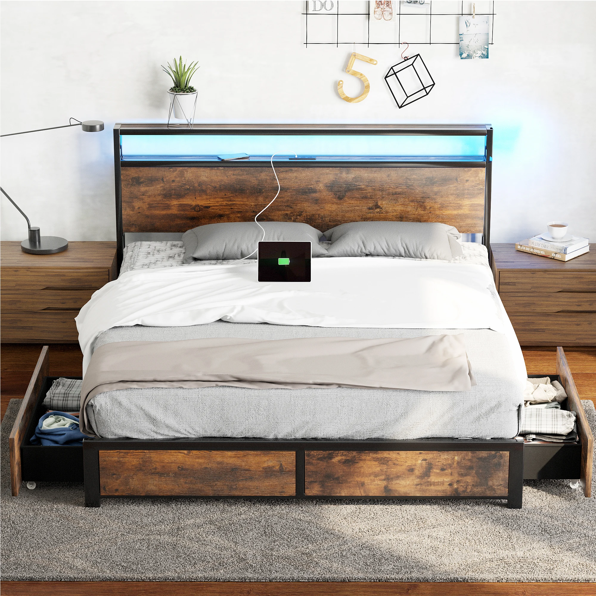 Queen/Full Bed Frame with Charging Station & Led Lights, Platform Bed Frame with 4 Storage Drawers and Headboard