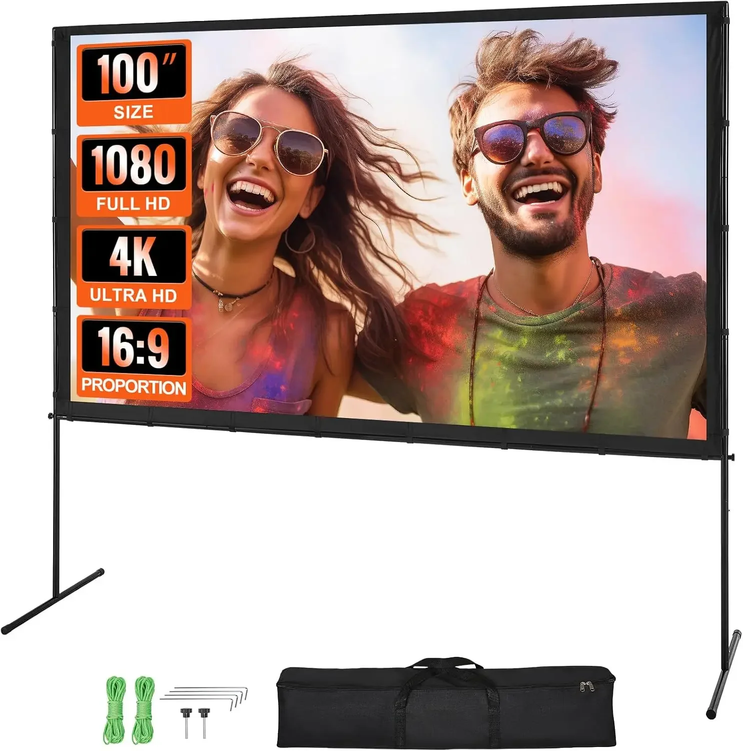 Projector Screen with Stand, 100 inch 16:9 4K 1080 HD Outdoor Movie Screen with Stand, Wrinkle-Free Projection Screen with Bar F